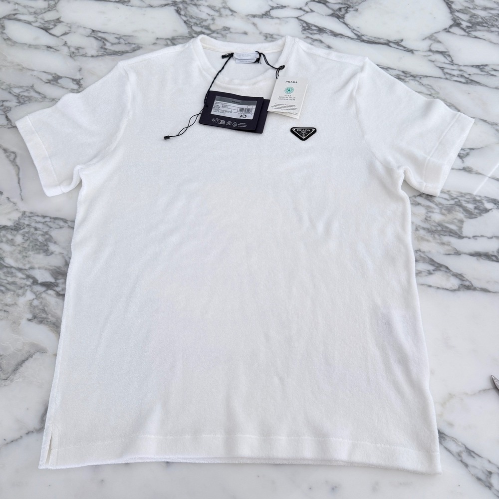 Prada White Terry Cloth Triangle Logo T-Shirt UJN885 Mens Size L NEW